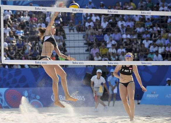 European Games Baku BAKU,AZERBAIJAN,19.JUN.15 - European Games Baku, Beach volleyball Beachvolleyball women. Image shows Lena Maria Plesiutschnig and Katharina Schuetzenhoefer (AUT). GEPAxpictures xM.xHoermandinger