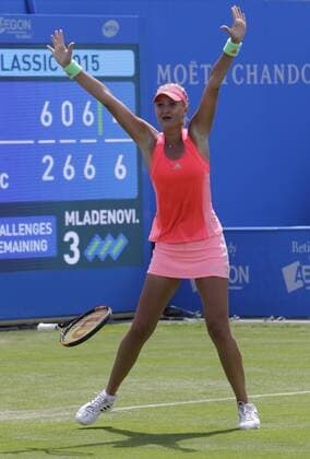19.06.2015. Birmingham, England. Aegon Classic Tennis Tournament. Kristina Mladenovic (Fra) celebrates her quarter final win over number 1 seed Simona Halep (Rom). xAlanxMartinx  ActionPlus11633146