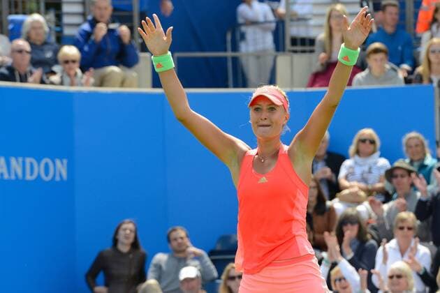 June 19, 2015 - Birmingham, England - KRISTINA MLADENOVIC of France celebrates match point in her quarterfinals match v. S. Halep at the Aegon Classic tennis tournament in Birmingham England on Friday June 19 20215 Tennis 2015 - Aegon Classic - Day 7 - ZUMAl132
