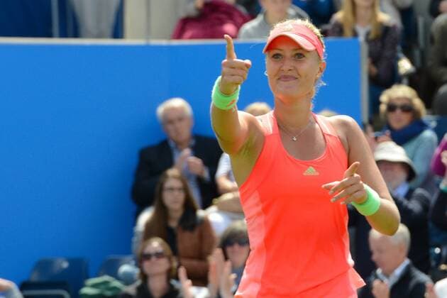 June 19, 2015 - Birmingham, England - KRISTINA MLADENOVIC of France celebrates her victory in her quarterfinals match v. S. Halep at the Aegon Classic tennis tournament in Birmingham England on Friday June 19 20215 Tennis 2015 - Aegon Classic - Day 7 - ZUMAl132