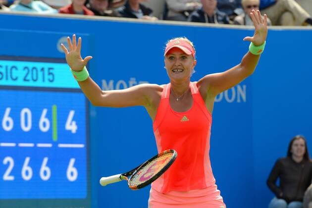 June 19, 2015 - Birmingham, England - KRISTINA MLADENOVIC of France celebrates match point in her quarterfinals match v. S. Halep at the Aegon Classic tennis tournament in Birmingham England on Friday June 19 20215 Tennis 2015 - Aegon Classic - Day 7 - ZUMAl132