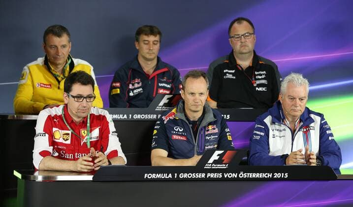 FORMULA 1 - GP of Austria 2015 SPIELBERG,AUSTRIA,19.JUN.15 - MOTORSPORTS, FORMULA 1 - Grand Prix of Austria, Red Bull Ring, free practice, press conference PK Pressekonferenz Image shows technical director Rob White (GBR Renault), technical director James Key (GBR Scuderia Toro Rosso) and Tom McCullough (Force India back from left); race engine manager Mattia Binotto (Ferrari), chief engineer Paul Monaghan (GBR Infiniti Red Bull Racing) and technical director Pat Symonds (GBR Williams front from left). GEPAxpictures xHaraldxSteiner