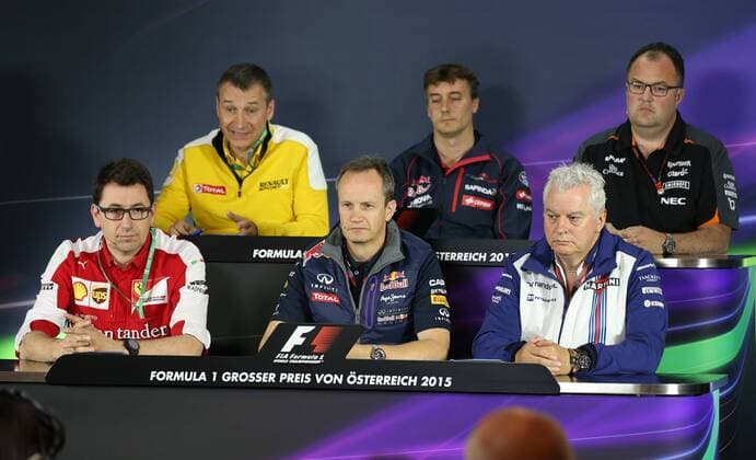 FORMULA 1 - GP of Austria 2015 SPIELBERG,AUSTRIA,19.JUN.15 - MOTORSPORTS, FORMULA 1 - Grand Prix of Austria, Red Bull Ring, free practice, press conference PK Pressekonferenz Image shows technical director Rob White (GBR Renault), technical director James Key (GBR Scuderia Toro Rosso) and Tom McCullough (Force India back from left); race engine manager Mattia Binotto (Ferrari), chief engineer Paul Monaghan (GBR Infiniti Red Bull Racing) and technical director Pat Symonds (GBR Williams front from left). GEPAxpictures xHaraldxSteiner