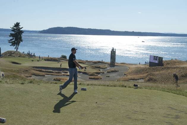 Dustin Johnson hits off the 12th tee in the second round of the 115th U.S. Open Championship at Chambers Bay on June 19, 2015 in University Place, Washington.  SEA20150619054 JIMxBRYANT