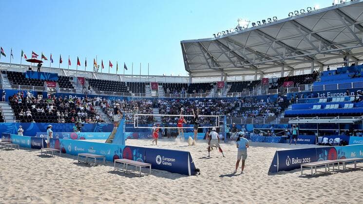 European Games Baku BAKU,AZERBAIJAN,20.JUN.15 - European Games Baku, Beach volleyball Beachvolleyball Image shows Tobias Winter, Lorenz Peter Petutschnig (AUT) and Alexei Strasser (SUI). GEPAxpictures xM.xOberlaender