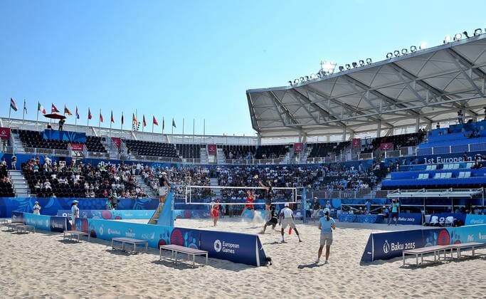 European Games Baku BAKU,AZERBAIJAN,20.JUN.15 - European Games Baku, Beach volleyball Beachvolleyball Image shows Tobias Winter, Lorenz Peter Petutschnig (AUT) and Alexei Strasser (SUI). GEPAxpictures xM.xOberlaender