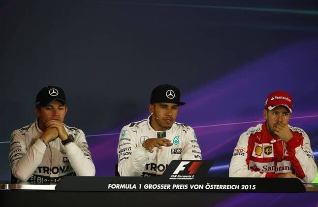 FORMULA 1 - GP of Austria 2015 SPIELBERG,AUSTRIA,20.JUN.15 - MOTORSPORTS, FORMULA 1 - Grand Prix of Austria, Red Bull Ring, practice and qualifying, press conference PK Pressekonferenz Image shows Nico Rosberg (GER Mercedes GP), Lewis Hamilton (GBR Mercedes GP) and Sebastian Vettel (GER Ferrari). GEPAxpictures xDanielxGoetzhaber