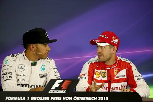 FORMULA 1 - GP of Austria 2015 SPIELBERG,AUSTRIA,20.JUN.15 - MOTORSPORTS, FORMULA 1 - Grand Prix of Austria, Red Bull Ring, practice and qualifying, press conference PK Pressekonferenz Image shows Lewis Hamilton (GBR Mercedes GP) and Sebastian Vettel (GER Ferrari). GEPAxpictures xDanielxGoetzhaber