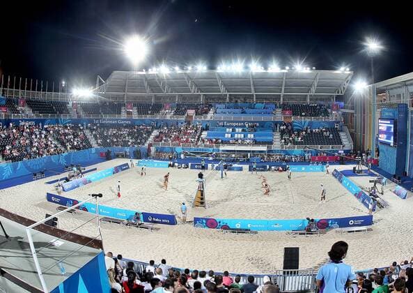 European Games Baku BAKU,AZERBAIJAN,20.JUN.15 - European Games Baku, Journalist tour. Image shows the Beach Arena with Lena Maria Plesiutschnig and Katharina Schuetzenhoefer (AUT). GEPAxpictures xM.xOberlaender