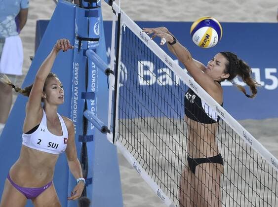 European Games Baku BAKU,AZERBAIJAN,20.JUN.15 - European Games Baku Beach volleyball Beachvolleyball final women. Image shows Nina Betschart (SUI) and Lena Maria Petutschnig (AUT). GEPAxpictures xM.xHoermandinger