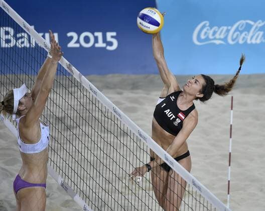 European Games Baku BAKU,AZERBAIJAN,20.JUN.15 - European Games Baku Beach volleyball Beachvolleyball final women. Image shows NIcole Eiholzer (SUI) and Lena Maria Plesiutschnig (AUT). GEPAxpictures xM.xHoermandinger