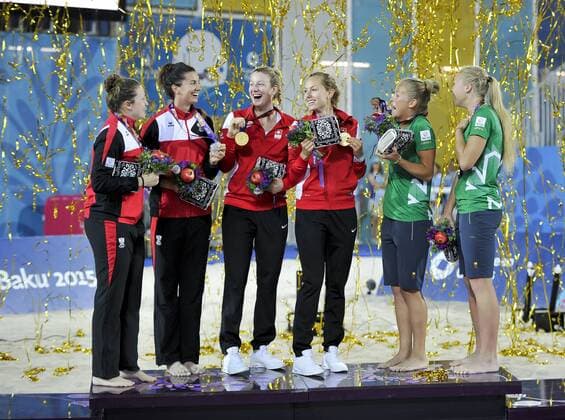 European Games Baku BAKU,AZERBAIJAN,20.JUN.15 - European Games Baku Beach volleyball Beachvolleyball final women. Image shows Katharina Schuetzenhoefer, Lena Maria Plesiutschnig (AUT), Nicole Eiholzer, Nina Betschart (SUI), Monika Povilaityte and Ieva Dumbauskaite (LTU). GEPAxpictures xM.xHoermandinger
