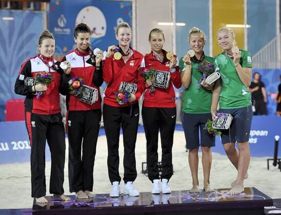 European Games Baku BAKU,AZERBAIJAN,20.JUN.15 - European Games Baku Beach volleyball Beachvolleyball final women. Image shows Katharina Schuetzenhoefer, Lena Maria Plesiutschnig (AUT), Nicole Eiholzer, Nina Betschart (SUI), Monika Povilaityte and Ieva Dumbauskaite (LTU). GEPAxpictures xM.xHoermandinger