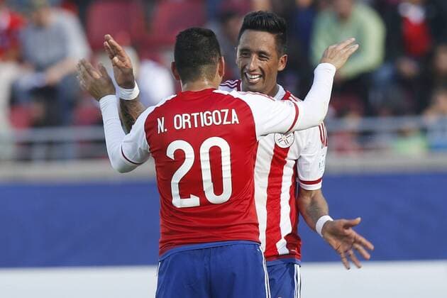 Football , Uruguay v Paraguay Copa America 2015 . Paraguay s Lucas Barrios,, celebrates his goal against Uruguay during the match of group B of the 2015 Copa America at La Serena stadium. Rancagua, Chile. 20 06 2015 Marcelo Hernandez Photosport Uruguay v Paraguay, Copa America 2015. 