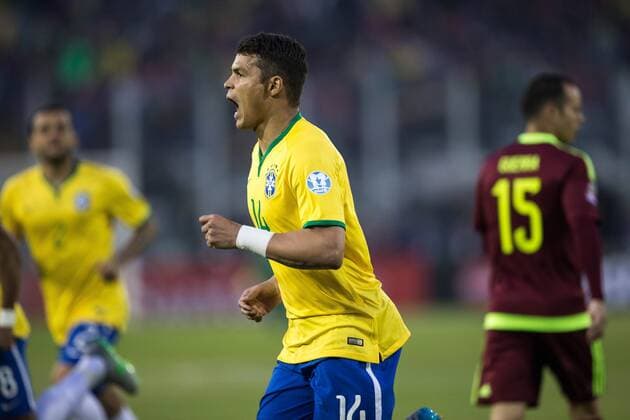 Brazil vs Venezuela SANTIAGO, CHILE - 06 21 2015: BRAZIL X VENEZUELA - Thiago Silva of Brazil celebrates after scoring goal during the match between Brazil vs Venezuela, valid for the third round of the first phase of Group C of the Copa America 2015 held at the Estadio Monumental David Arellano. (Photo: Marcelo Machado de Melo FotoArena)  MarceloxMachadoxdexMelo