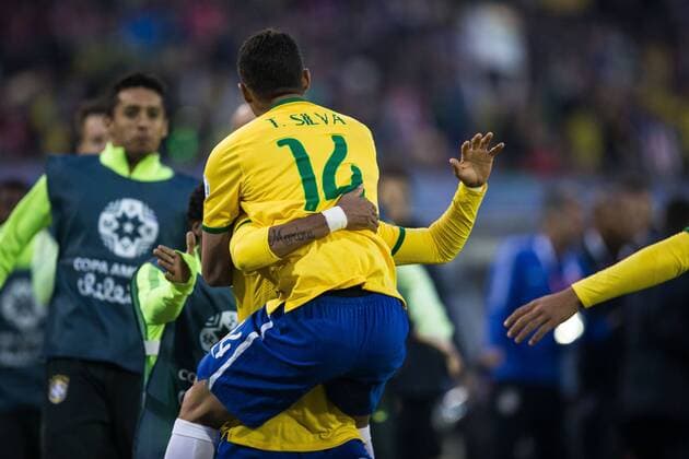 Brazil vs Venezuela SANTIAGO, CHILE - 06 21 2015: BRAZIL X VENEZUELA - Thiago Silva of Brazil celebrates after scoring goal during the match between Brazil vs Venezuela, valid for the third round of the first phase of Group C of the Copa America 2015 held at the Estadio Monumental David Arellano. (Photo: Marcelo Machado de Melo FotoArena)  MarceloxMachadoxdexMelo