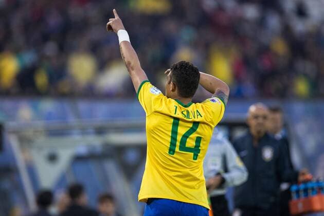 Brazil vs Venezuela SANTIAGO, CHILE - 06 21 2015: BRAZIL X VENEZUELA - Thiago Silva of Brazil celebrates after scoring goal during the match between Brazil vs Venezuela, valid for the third round of the first phase of Group C of the Copa America 2015 held at the Estadio Monumental David Arellano. (Photo: Marcelo Machado de Melo FotoArena)  MarceloxMachadoxdexMelo