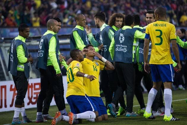 Brazil vs Venezuela SANTIAGO, CHILE - 06 21 2015: BRAZIL X VENEZUELA - Thiago Silva of Brazil celebrates after scoring goal during the match between Brazil vs Venezuela, valid for the third round of the first phase of Group C of the Copa America 2015 held at the Estadio Monumental David Arellano. (Photo: Marcelo Machado de Melo FotoArena)  MarceloxMachadoxdexMelo
