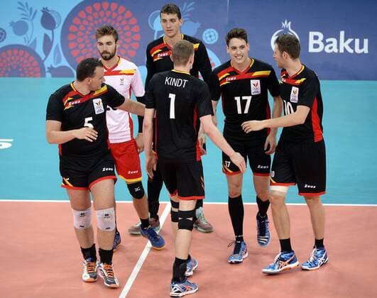 - BAKU, AZERBAIJAN: Belgian men s volleyball player react during the game between Belgium and Germany in the group stage of the men s volleyball competition at the European Games 2015, in Baku, Azerbaijan, Monday 22 June 2015. The European Games 2015 multi event takes place from 12 to 28 June. ERICxLALMAND  x04648211x