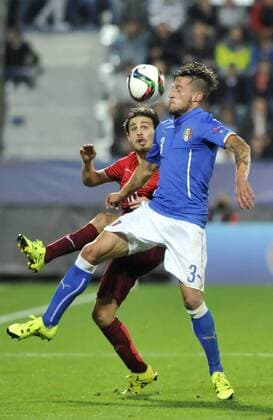 From left Bernardo Silva of Portugal and Cristiano Biraghi of Italia fight for ball during the Euro U21 U 21 soccer championship group B match Italy vs Portugal in Uherske Hradiste, Czech Republic, June 21, 2015. (CTKxPhoto DaliborxGluck) CTKPhotoP201506210643401  dg 017