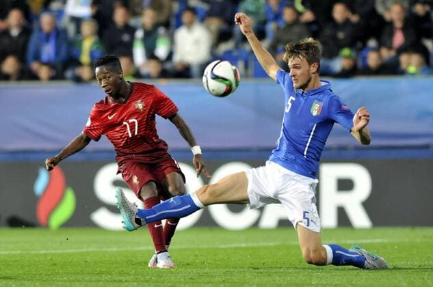 From left Carlos Mane of Portugal and Daniele Rugani of Italy in action during the Euro U21 U 21 soccer championship group B match Italy vs Portugal in Uherske Hradiste, Czech Republic, June 21, 2015. (CTKxPhoto DaliborxGluck) CTKPhotoP201506210652301  dg 021