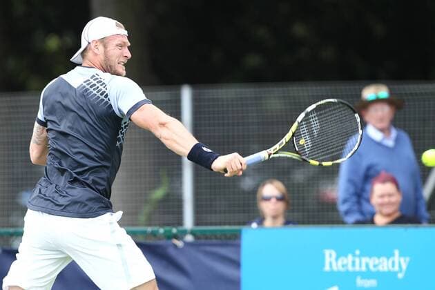 23.06.2015. Nottingham, England. Aegon Nottingham Open Tennis Tournament. A backhand from Sam Groth (Australia) on his way to victory over Mischa Zverev (Germany) xDavidxKissmanx  ActionPlus11634453
