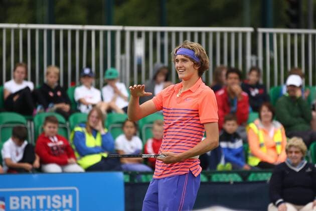 23.06.2015. Nottingham, England. Aegon Nottingham Open Tennis Tournament. Alexander Zverev (Germany) challenges a line call in his match against Thomaz Bellucci (Brazil) xDavidxKissmanx  ActionPlus11634511