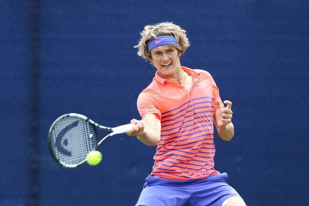 23.06.2015. Nottingham, England. Aegon Nottingham Open Tennis Tournament. Forehand from Alexander Zverev (Germany) on his way to victory in the second round against Thomaz Bellucci (Brazil) by two sets to one xDavidxKissmanx  ActionPlus11634524