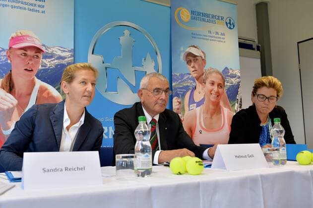 TENNIS - WTA Tennis Damen Nuernberger Gastein Ladies SALZBURG,AUSTRIA,24.JUN.15 - TENNIS - WTA Tour, Nuernberger Gastein Ladies, press conference PK Pressekonferenz Image shows tournament director Sandra Reichel, Helmut Geil (Nuernberger Versicherung) and Judith Wiesner Floimair. GEPAxpictures xFlorianxErtl