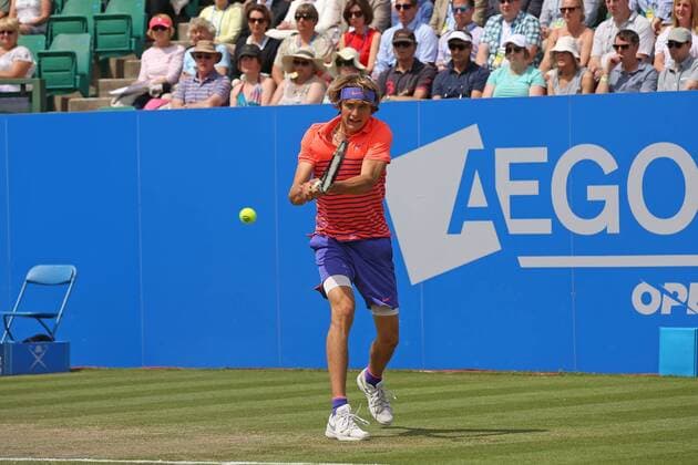 24.06.2015. Nottingham, England. Aegon Nottingham Open Tennis Tournament. Backhand from Alexander Zverev (Germany) in his match against Marcos Baghdatis (Cyprus) xDavidxKissmanx  ActionPlus11634782