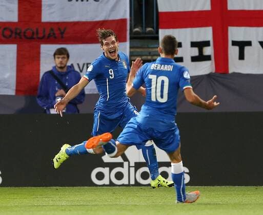 Italy s Andrea Belotti celebrates scoring his sides opening goal England v Italy- UEFA Under 21 s - Ander Stadium - Czech Republic - 24th June 2015 - Picture David Klein Sportimage EDITORIAL USE ONLY. No use with unauthorised audio, video, data, fixture lists, club league logos or live services. Online in-match use limited to 120 images, no video emulation. No use in betting, games or single club league player publications.