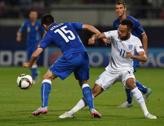 From left Marco Benassi of Italy and Nathan Redmond of England in action during the Euro U21 U 21 soccer championship group B match England vs Italy in Olomouc, Czech Republic, on Wednesday, June 24, 2015. (CTKxPhoto LudekxPerina) CTKPhotoP201506240974801  LPE 007