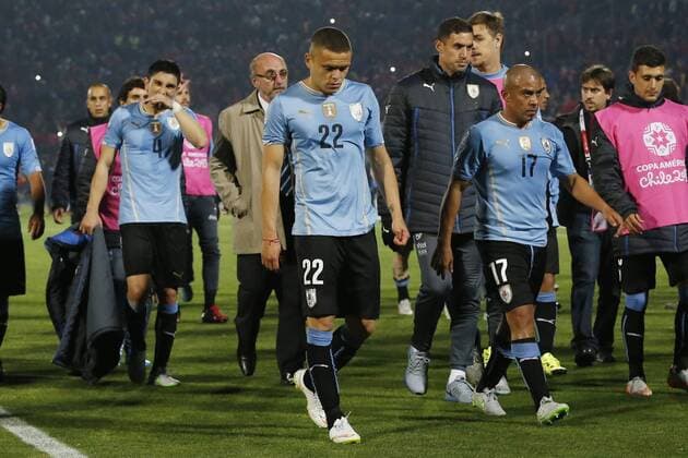 Copa America 2015 . Uruguay s players ,reacts after the end game against Chile for quarter finals of the 2015 Copa America at La Serena stadium. Santiago, Chile. 24 06 2015 Marcelo Hernandez Photosport Chile v Uruguay, Copa America 2015. 