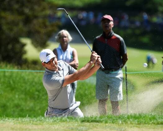 June 25, 2015 - Cromwell, Connecticut , U.S. - Sergio Garcia watches the flight of his ball out of the sand trap on the 2nd green during the first round of the PGA Golf Herren Travelers Championship tournament held at TPC River Highland in Cromwell Connecticut. Eric Canha CSM PGA 2015: Travelers Championship JUN 25 - ZUMAc04_