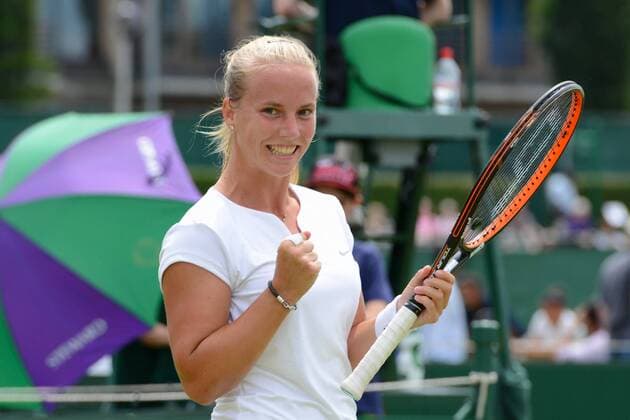 June 25, 2015 - Roehampton, England - RICHEL HOGENKAMP of the Netherlands celebrates match point in her match v. Y. Zhaoxuan in the Wimbledon Qualifying Tournament in Roehampton England on Thursday June 25 2015 Tennis 2015 - Wimbledon Qualifying Tournament - Day 4 - ZUMAl132