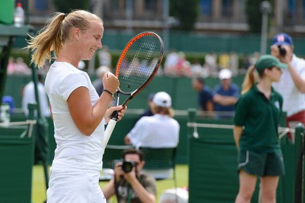 June 25, 2015 - Roehampton, England - RICHEL HOGENKAMP of the Netherlands celebrates match point in her match v. Y. Zhaoxuan in the Wimbledon Qualifying Tournament in Roehampton England on Thursday June 25 2015 Tennis 2015 - Wimbledon Qualifying Tournament - Day 4 - ZUMAl132