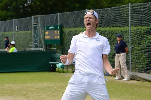 June 25, 2015 - Roehampton, England - LUKE SAVILLE of Australia celebrates match point in his match v. L. Vanni n the Wimbledon Qualifying Tournament in Roehampton England on Thursday June 25 2015 Tennis 2015 - Wimbledon Qualifying Tournament - Day 4 - ZUMAl132