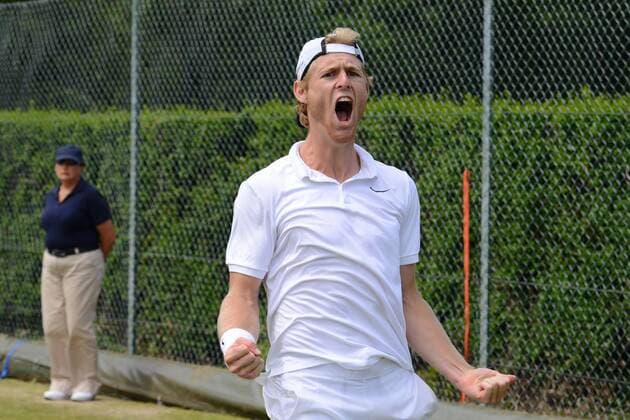 June 25, 2015 - Roehampton, England - LUKE SAVILLE of Australia celebrates match point in his match v. L. Vanni n the Wimbledon Qualifying Tournament in Roehampton England on Thursday June 25 2015 Tennis 2015 - Wimbledon Qualifying Tournament - Day 4 - ZUMAl132