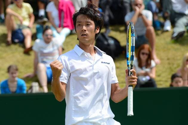June 25, 2015 - Roehampton, England - YUICHI SUGITA of Japan celebrated match point in his match v. D. Evansi in the Wimbledon Qualifying Tournament in Roehampton England on Thursday June 25 2015 Tennis 2015 - Wimbledon Qualifying Tournament - ZUMAl132
