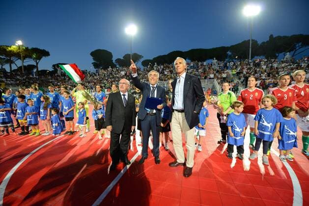 June 25, 2015 - Rome, Italy - Italian FA president Carlo Tavecchio (L) stands with President CONI Giovanni MalagÃƒÂ² (R) before the Italian women s futsal team s first ever match, an International Friendly Länderspiel against Hungary at Stadio Pietrangeli in Rome, Italy on June 25, 2015 Debut italian national female the futsal  - ZUMAn230