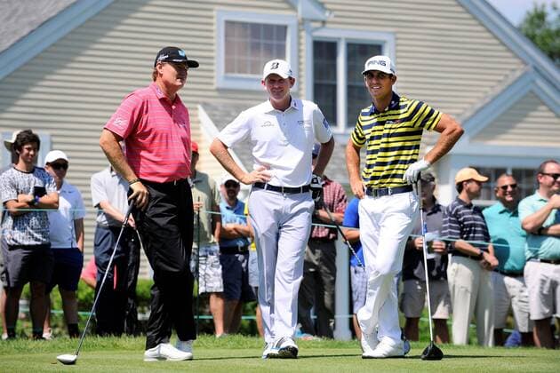 Caption Correction ..June 26, 2015 - Cromwell, Connecticut , U.S. - Ernie Els (left), Billy Horschel (right), and Brandt Snedeker (center) wait for their turn to tee at the 6th hole during the second round of the PGA Golf Herren Travelers Championship tournament held at TPC River Highland in Cromwell Connecticut. Eric Canha CSM.. Corrects an earlier version where Horschel s and Snedeker s locations were reversed PGA 2015: Travelers Championship JUN 26 - ZUMAc04_