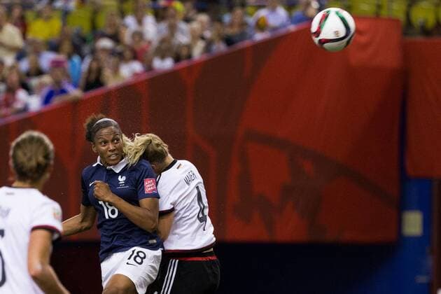 June 26, 2015 : France forward Marie Laure 18 collides with Germany defender Leonie Maier 4 during the 2015 FIFA Women s World Cup Quarter final match between Germany and France at the Olympic Stadium in Montreal, Quebec, Canada. SOCCER: JUN 26 FIFA Women s World Cup - Quarter-Final - Germany v France Icon15062610 EDITORIAL USE ONLY