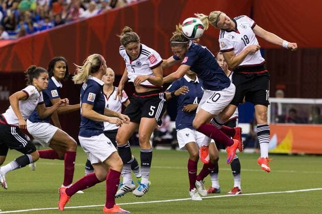 June 26, 2015 : France midfielder Camille Abily 10 fight for the ball against Germany forward Alexandra Popp 18 and defender Annike Krahn 5 during the 2015 FIFA Women s World Cup Quarter final match between Germany and France at the Olympic Stadium in Montreal, Quebec, Canada. SOCCER: JUN 26 FIFA Women s World Cup - Quarter-Final - Germany v France Icon15062613 EDITORIAL USE ONLY