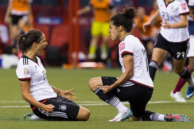 June 26, 2015 : Germany forward Celia Sasic 13 celebrates her goal with teammate midfielder Dzsenifer Marozsan 10 during the 2015 FIFA Women s World Cup Quarter final match between Germany and France at the Olympic Stadium in Montreal, Quebec, Canada. SOCCER: JUN 26 FIFA Women s World Cup - Quarter-Final - Germany v France Icon15062620 EDITORIAL USE ONLY