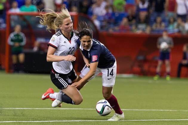 June 26, 2015 : Germany midfielder Tabea Kemme 22 collides with France midfielder Louisa Necib 14 during the 2015 FIFA Women s World Cup Quarter final match between Germany and France at the Olympic Stadium in Montreal, Quebec, Canada. SOCCER: JUN 26 FIFA Women s World Cup - Quarter-Final - Germany v France Icon15062623 EDITORIAL USE ONLY