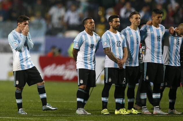 Football , Argentina v Colombia. Copa America Championship 2015 . Argentina s player, Lionel Messi, left, reacts during the penalties session against Colombia by the 2015 Copa America football championship quarterfinal match at the Sausalito stadium in Vina del Mar, Chile. 26 06 2015 AndresxPina Photosport Argentina v Colombia, Copa America 2015. 
