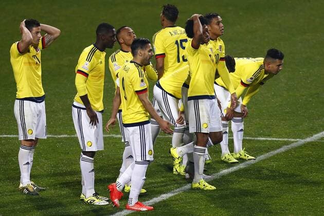 Football , Argentina v Colombia. Copa America Championship 2015 . Colombia s players, react after the goal of Argentina during the 2015 Copa America football championship quarterfinal match at the Sausalito stadium in Vina del Mar, Chile. 26 06 2015 Adrian Aylwin Photosport Argentina v Colombia, Copa America 2015. 