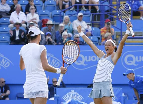 27.06.2015 Eastbourne, England. Aegon International Eastbourne Tennis Tournament Caroline Garcia (FRA) and Katarina Serbotnil (SLO) celebrate after winning the Women s doubles final against Zheng Jie and Chan Yung-Jan at Devonshire park. xHongboxChenx  ActionPlus11635628