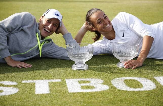 27.06.2015 Eastbourne, England. Aegon International Eastbourne Tennis Tournament Caroline Garcia (FRA) and Katarina Serbotnil (SLO) with their trophies after winning the Women s doubles final against Zheng Jie and Chan Yung-Jan at Devonshire park. xHongboxChenx  ActionPlus11635634