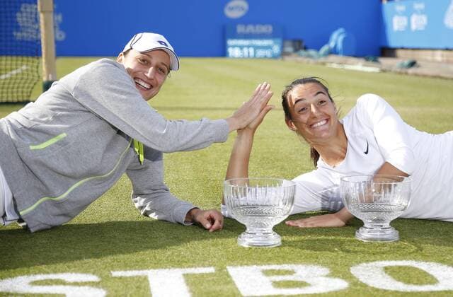 27.06.2015 Eastbourne, England. Aegon International Eastbourne Tennis Tournament Caroline Garcia (FRA) and Katarina Serbotnil (SLO) with their trophies after winning the Women s doubles final against Zheng Jie and Chan Yung-Jan at Devonshire park. xHongboxChenx  ActionPlus11635635
